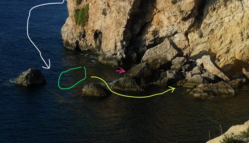 White trail is part swam when I left the islet. Green area is a flat rock about a feet under water surface, where I rested for a while, the pink is where the waves carried my box (and me), while the yellow trail is were I swam through a 1-2m gap  between 